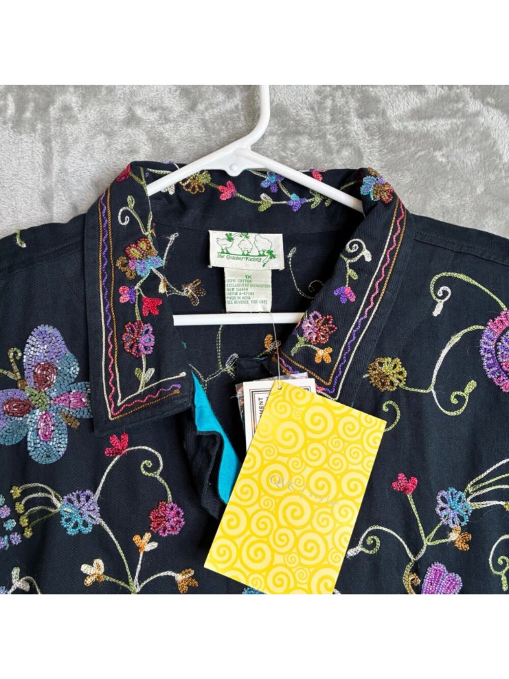 The Quacker Factory Womens Black Embroidered Floral Jacket 1X 100% Cotton Long S - Picture 4 of 8